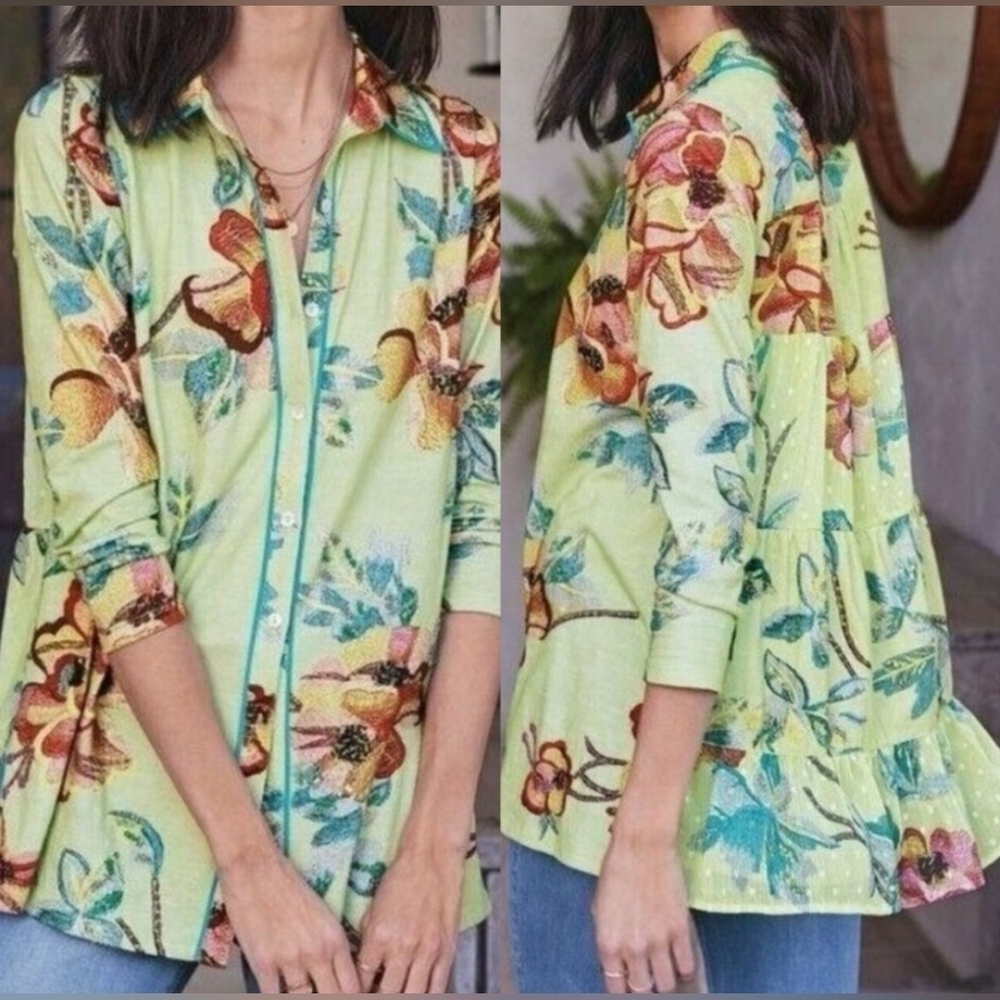 Soft Surroundings Elena Floral Cotton Tunic Top Medium Button Front - Picture 11 of 15